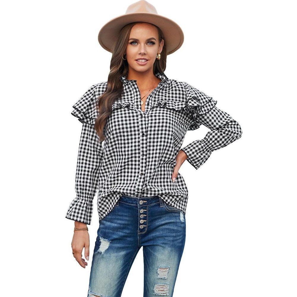 Black Plaid Button Ruffle Shirt